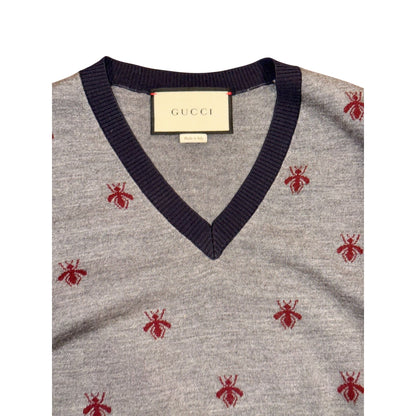 Gucci Gray Bee Embroidered V-Neck Wool Sweater, Small