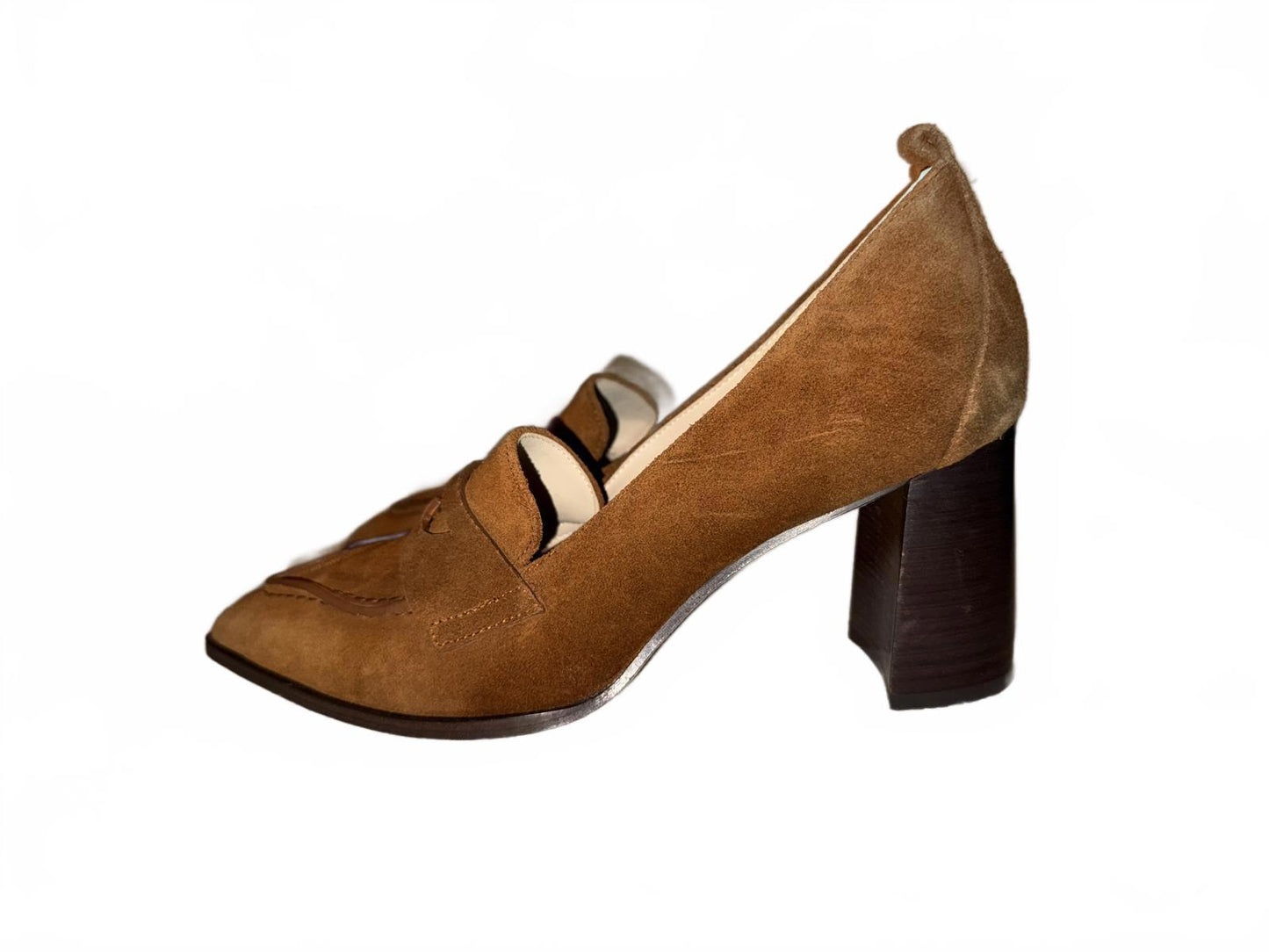 New L'AGENCE Women's Brown Suede Pointed Toe Block Heel Loafers, size 9