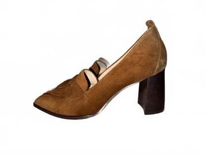 New L'AGENCE Women's Brown Suede Pointed Toe Block Heel Loafers, size 9