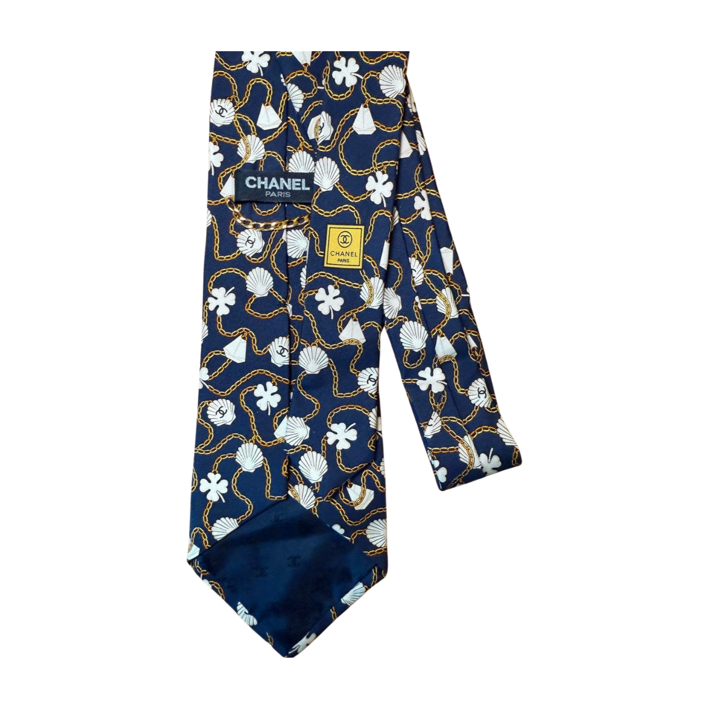 Chanel Paris Navy Silk Seashell & Chain Print Tie