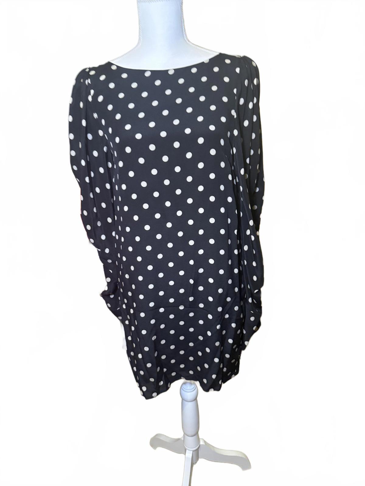 New Nina Ricci Black and White Polka Dot Long Sleeve Silk Dress, FR 36