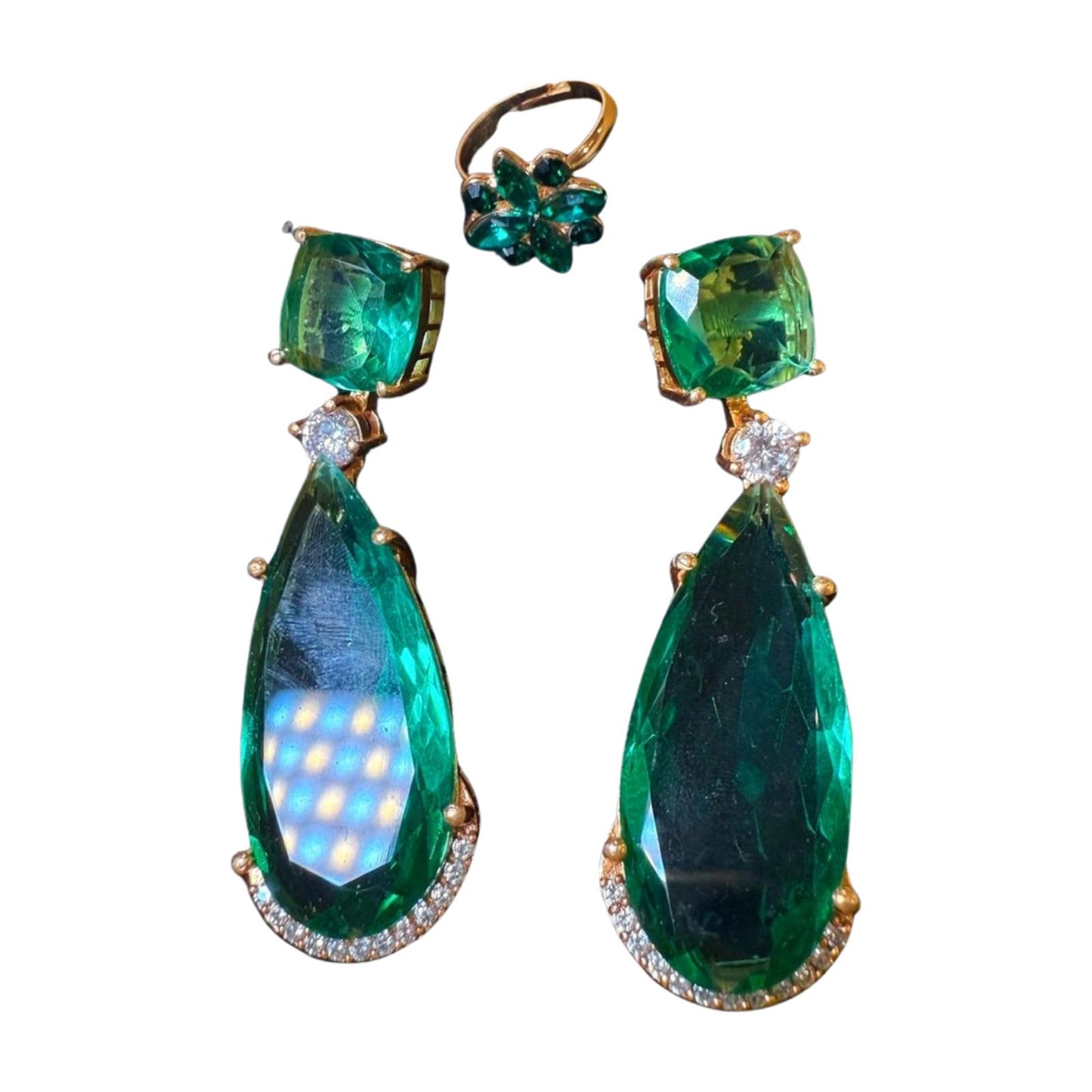 New Emerald Tone Statement Earring & Ring Set