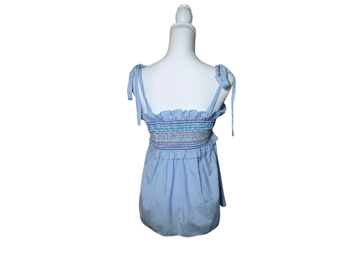 Tuckernuck Blue & White Striped Smocked Rainbow Ruffle Top