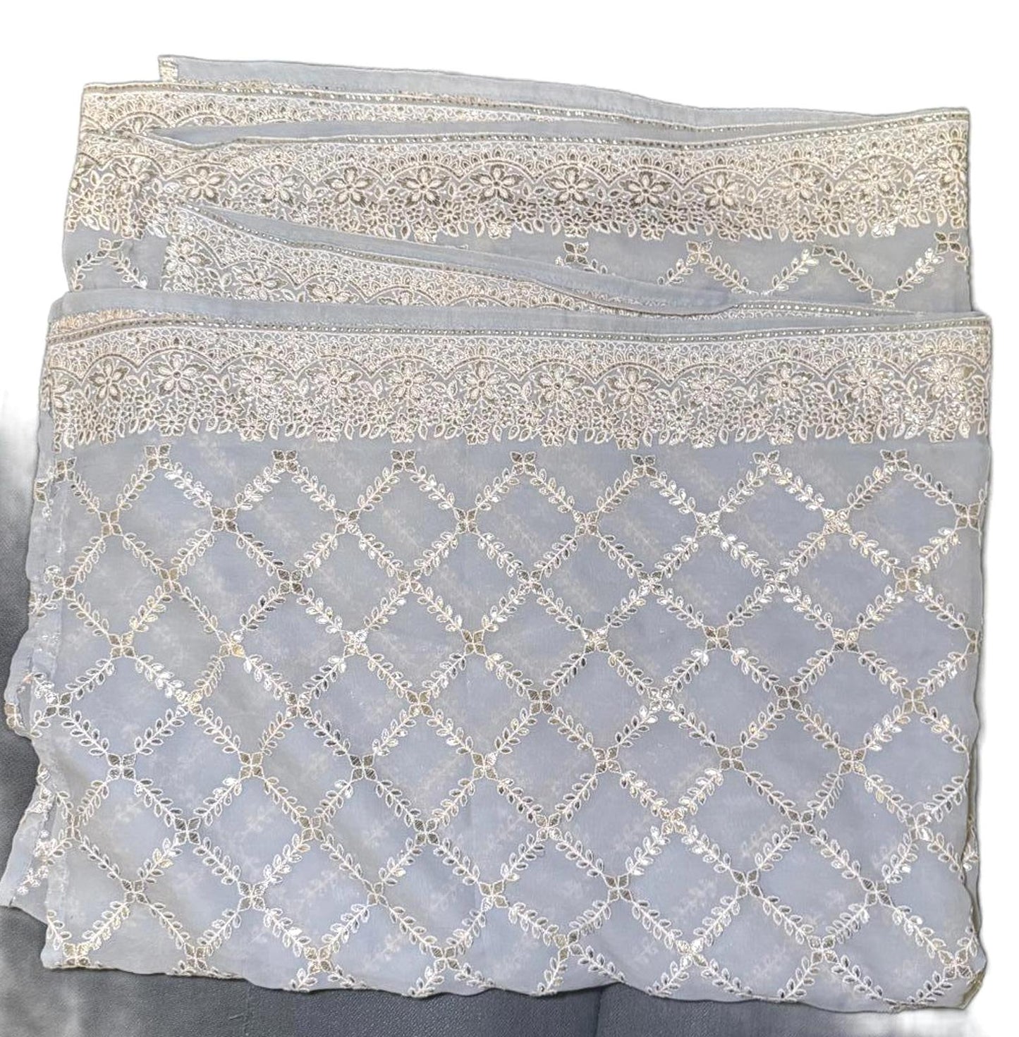 Nazila Couture Blue Gray Handmade Embroidered Silk Kurta Set with Wrap