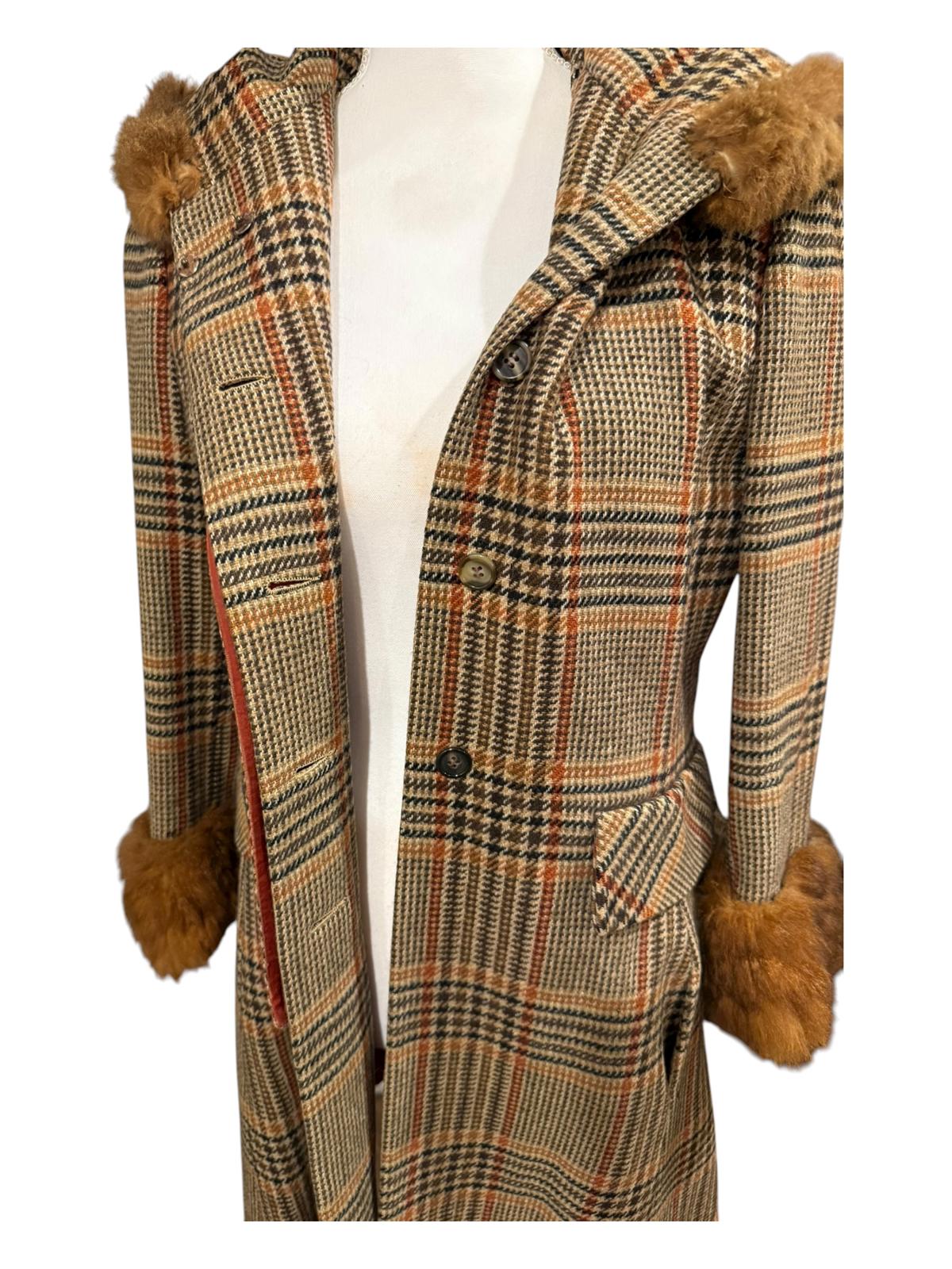 Vintage Pennylane Plaid Wool Coat with Fur Trim, size XS/S