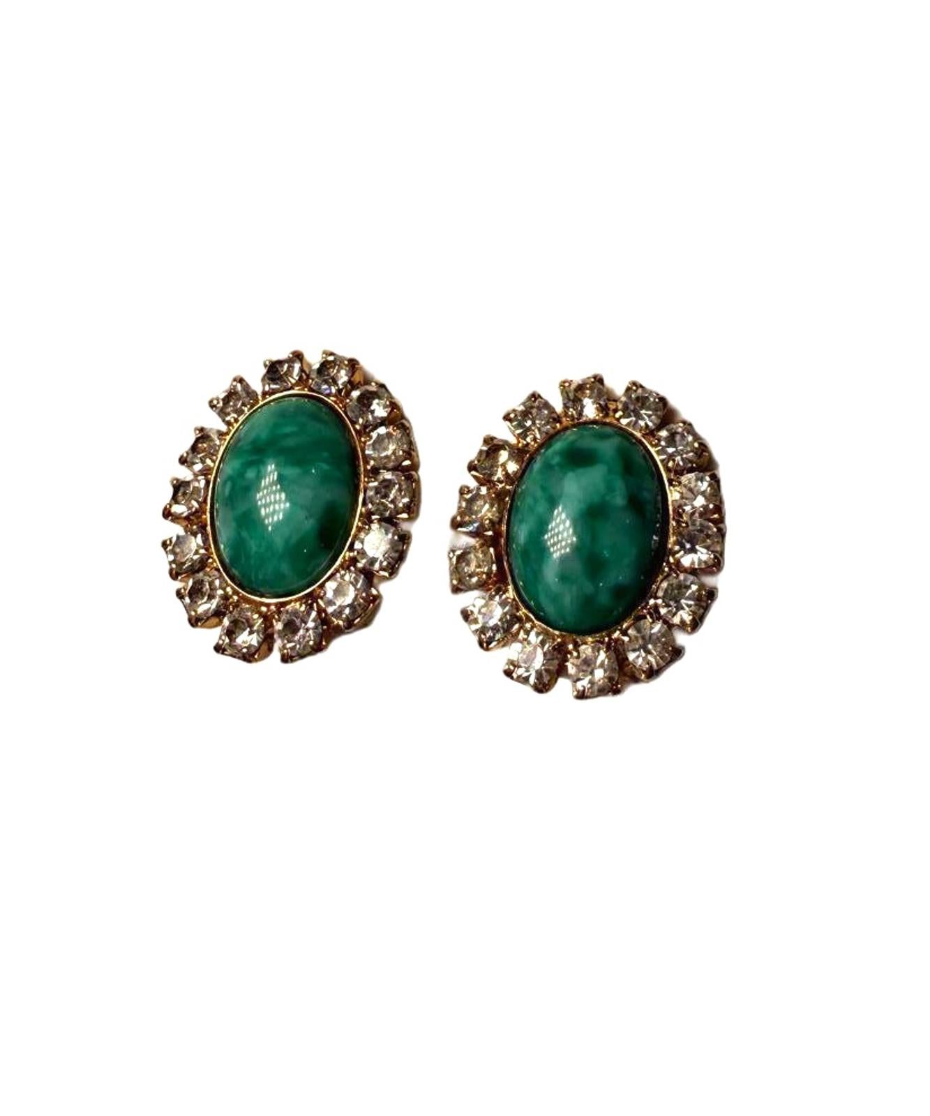 Vintage Clip-On Earrings with Green Stone and Clear Rhinestones