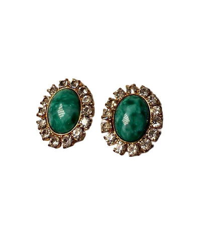 Vintage Clip-On Earrings with Green Stone and Clear Rhinestones