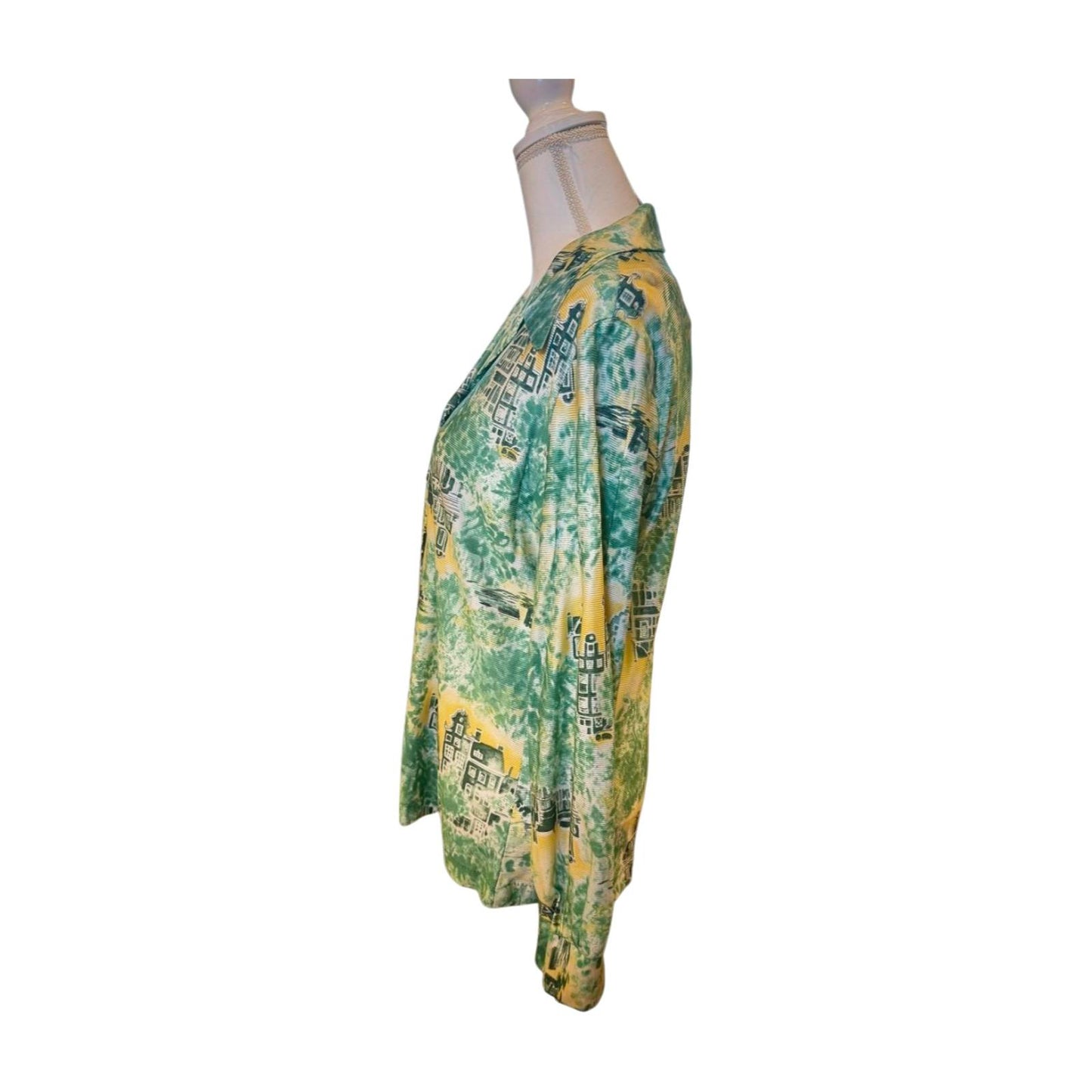 Vintage Green and Yellow Patterned Long Sleeve Blouse, Small