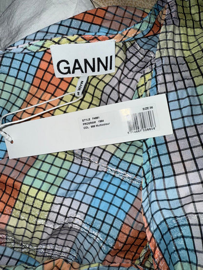 New Ganni Checkered Seersucker Puff-Sleeve Dress