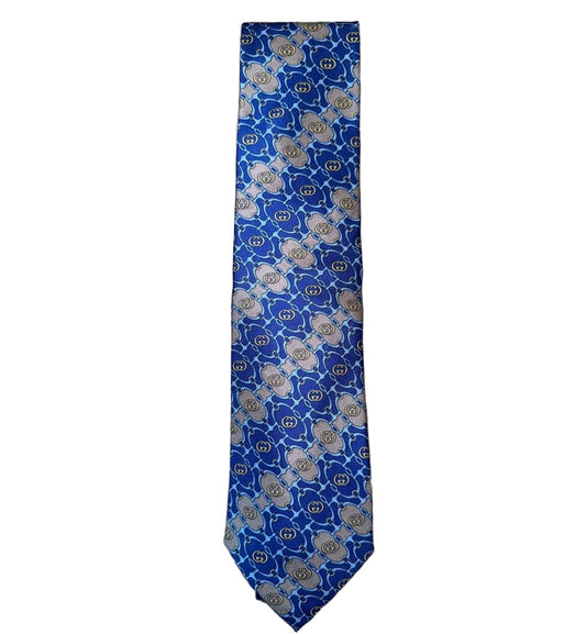 Gucci Vintage Silk Tie, Men’s, Blue & Gold Jacquard GG Logo with Equestrian Motif