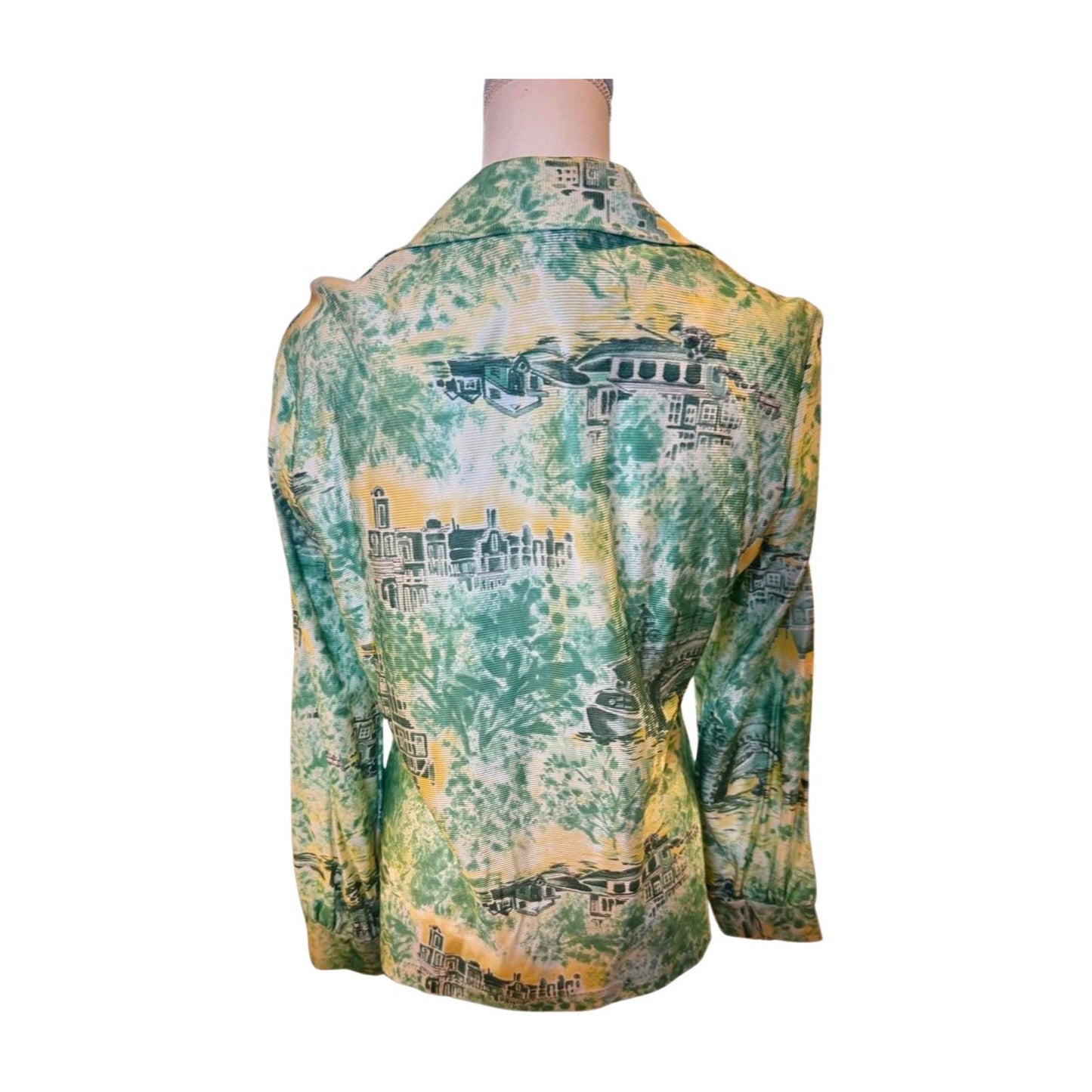 Vintage Green and Yellow Patterned Long Sleeve Blouse, Small