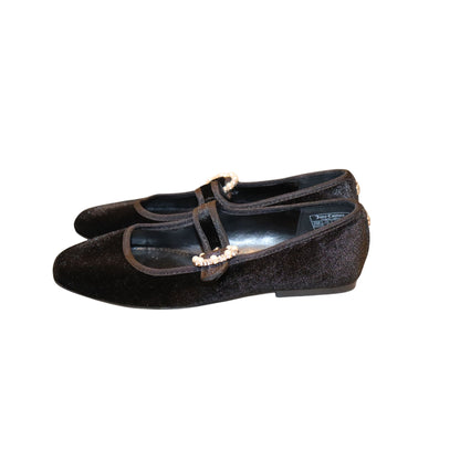 Juicy Couture Black Velvet Mary Jane Flats Pearl Buckles Size 7