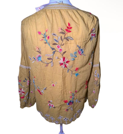 New Johnny Was Womens Peasant Blouse Size M Mustard Yellow Floral Embroidered