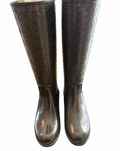 New Coach Signature Rain Boots Mid-Calf Green Size 8B