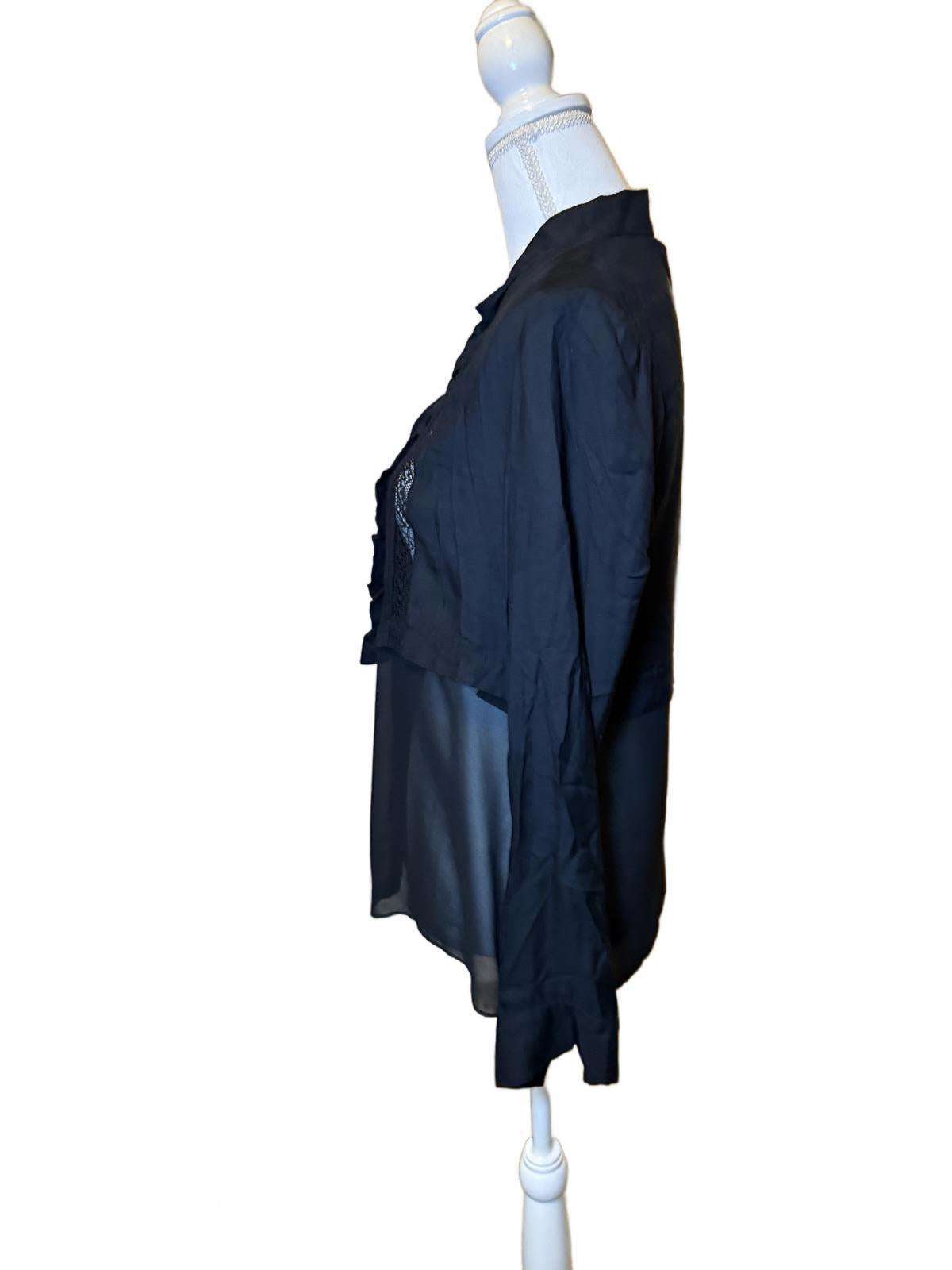 Sandro Black Sheer Long Sleeve Women's Blouse with Embroidered Detail, Large