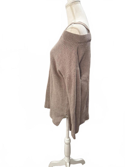 All Saints Dasha Sweater Beige Cold-Shoulder Ribbed Knit Sweater, XS (oversized)