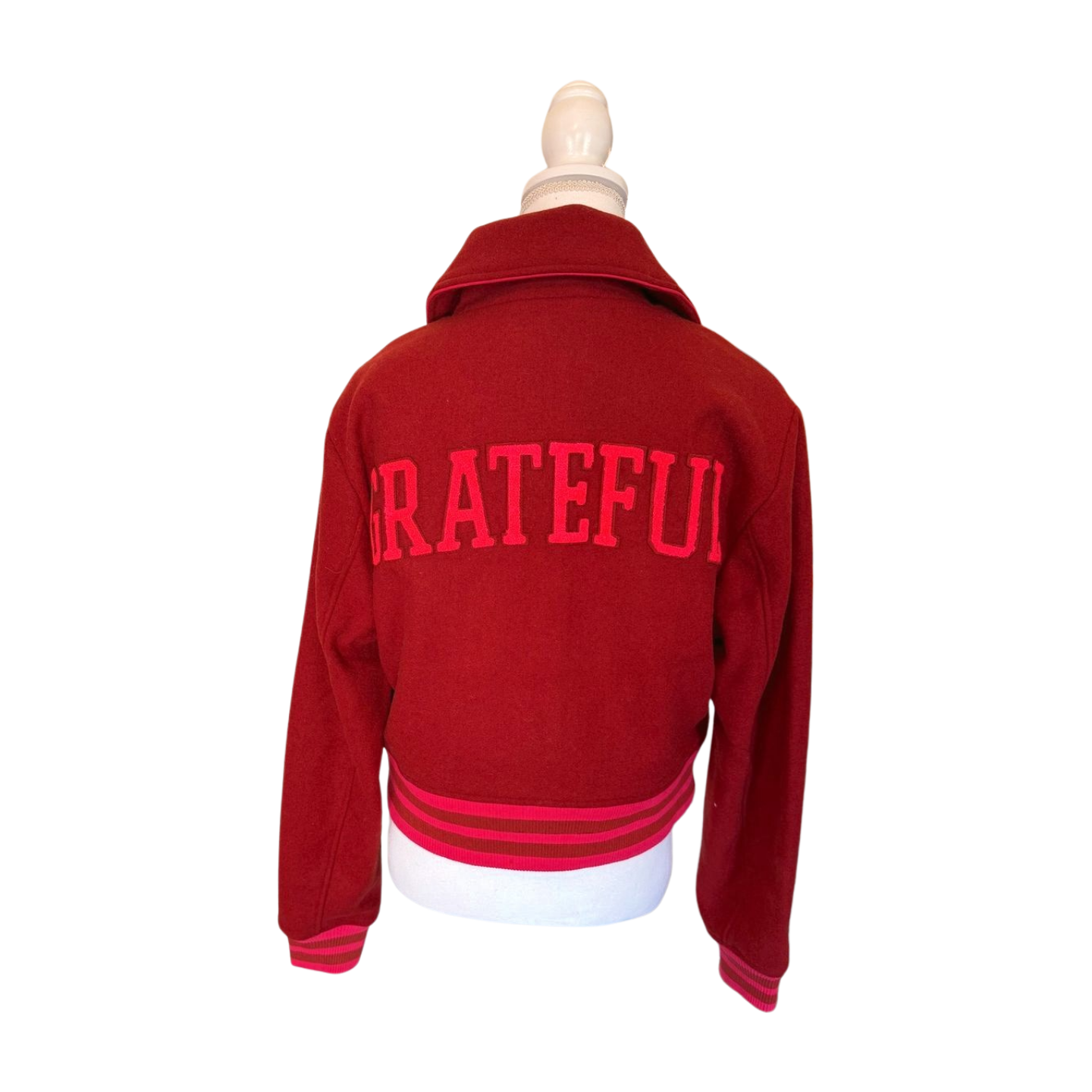 New Spiritual Gangster Red Varsity Jacket with 'GRATEFUL' Back Detail, Small