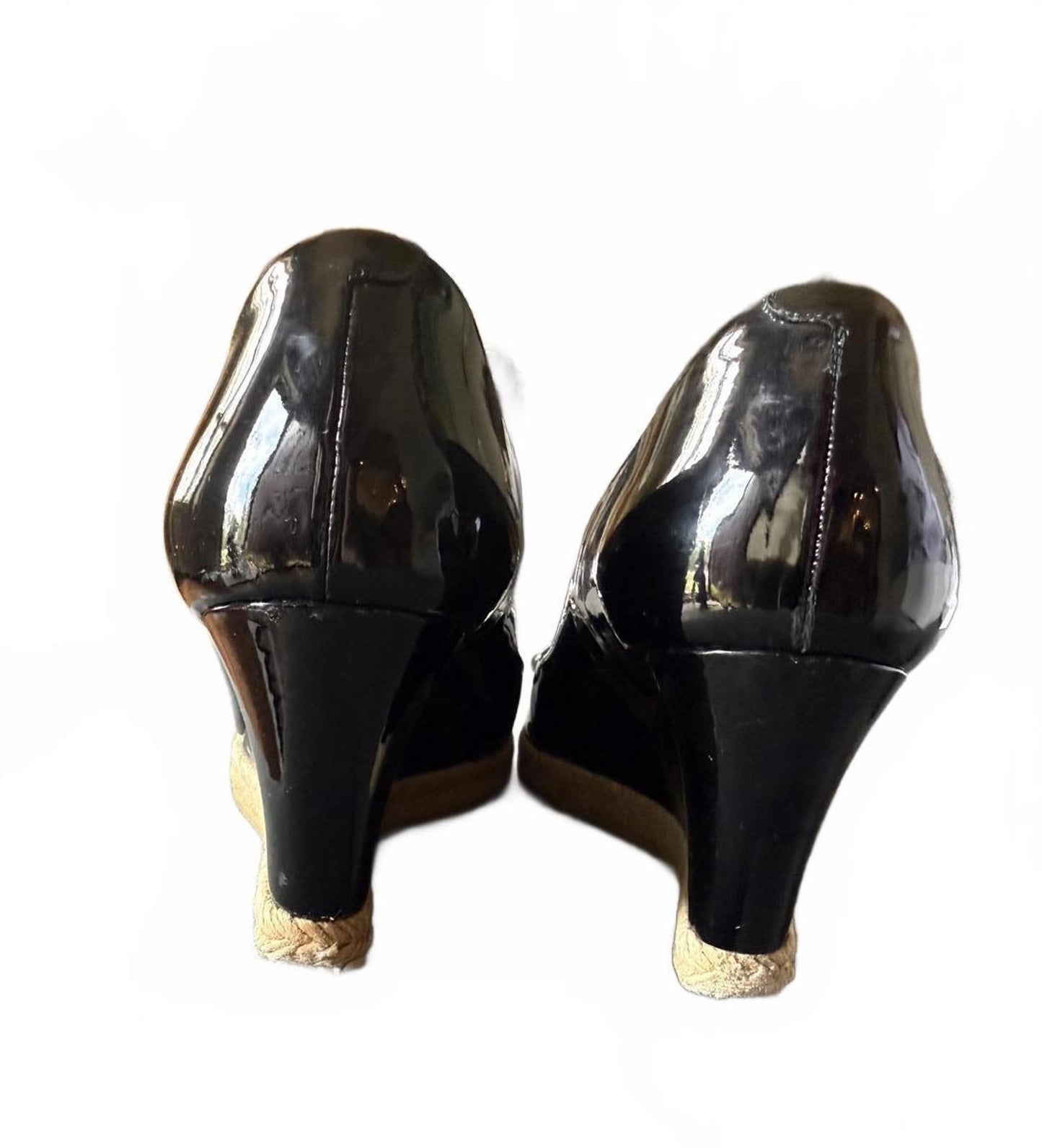 Gucci Black Patent Leather Wedge Heels with Gold Horsebit Detail, EU 39