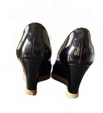 Gucci Black Patent Leather Wedge Heels with Gold Horsebit Detail, EU 39