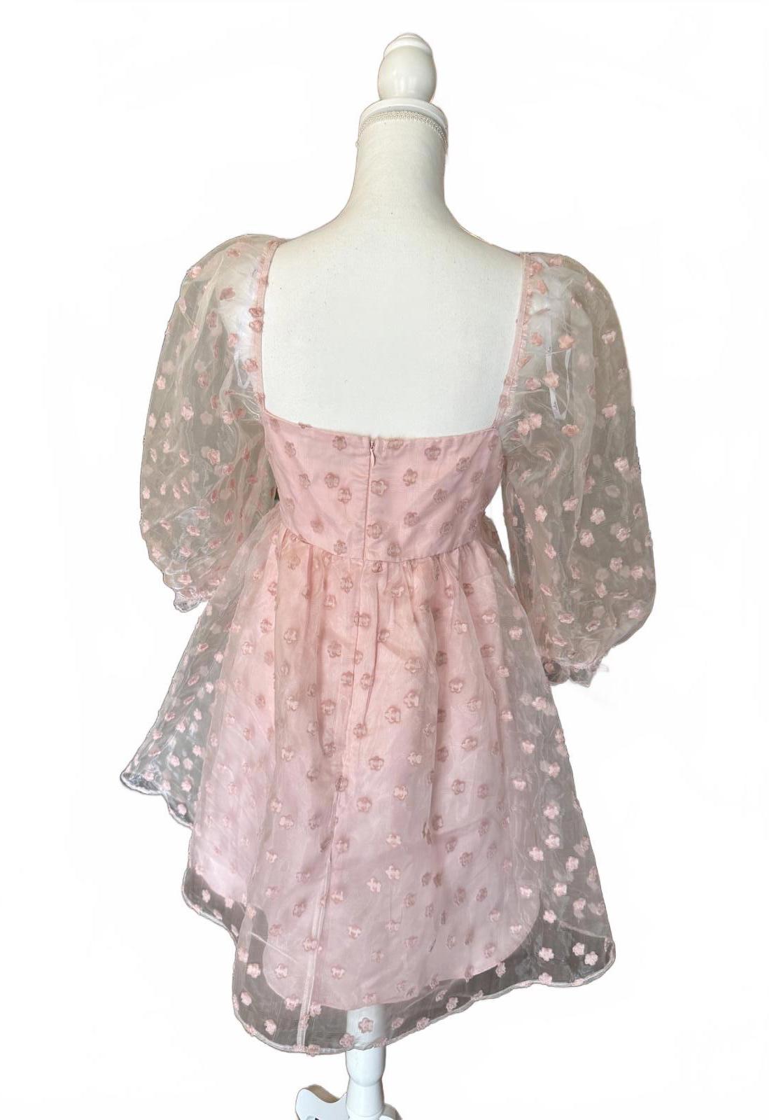 New Lulu Pink Sheer Puff Sleeve Babydoll Mini Dress, XL