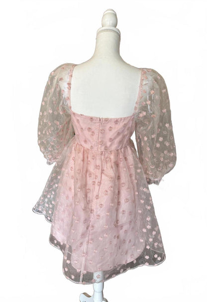 New Lulu Pink Sheer Puff Sleeve Babydoll Mini Dress, XL