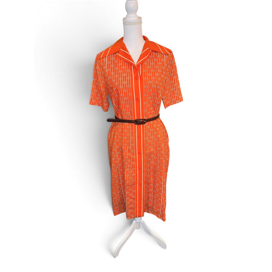Vintage Miss Dior orange and white striped monogram shirt dress with short sleeves and matching belt