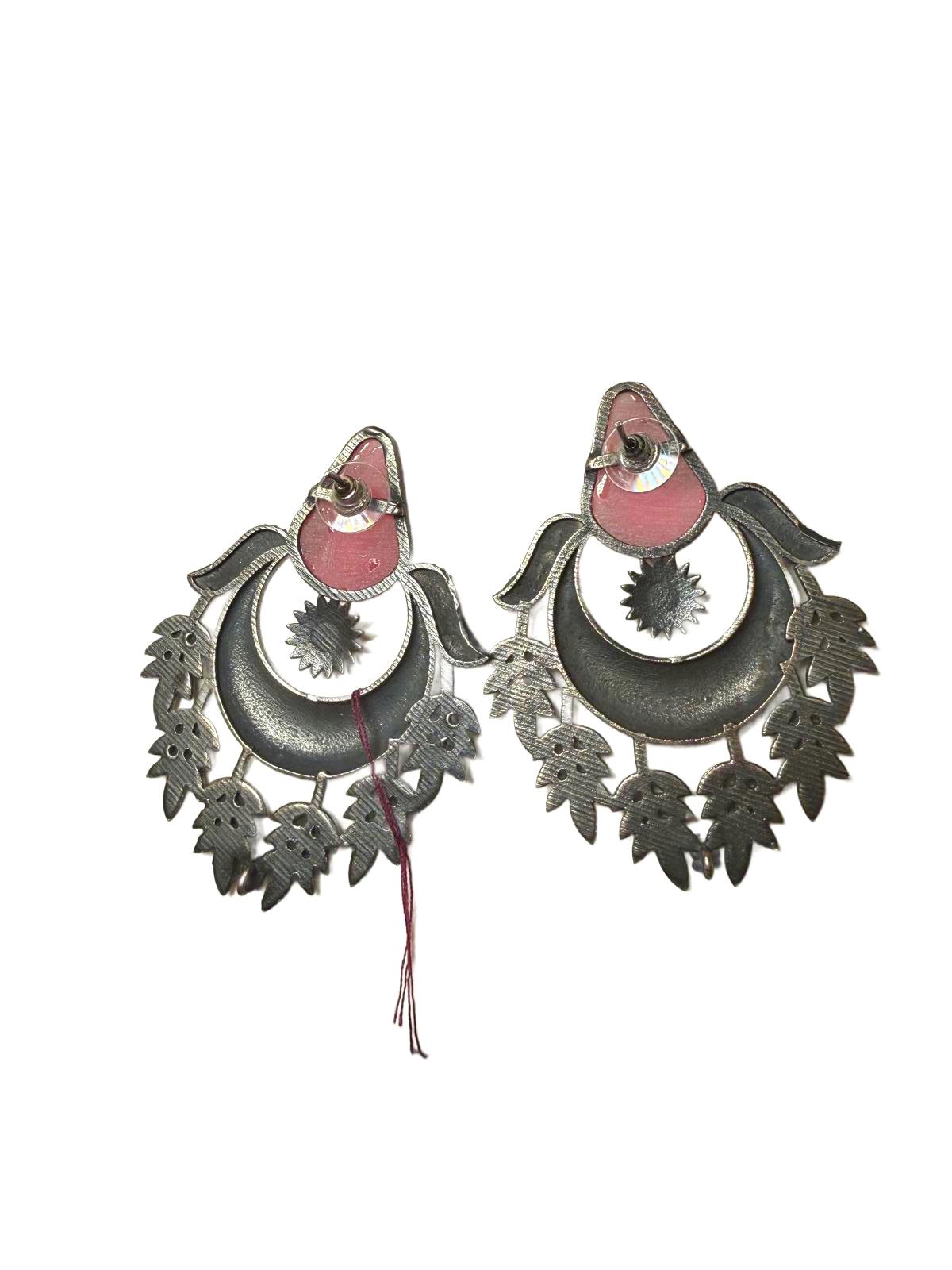 Oxidized Silver Tone and Pink Stone Earrings