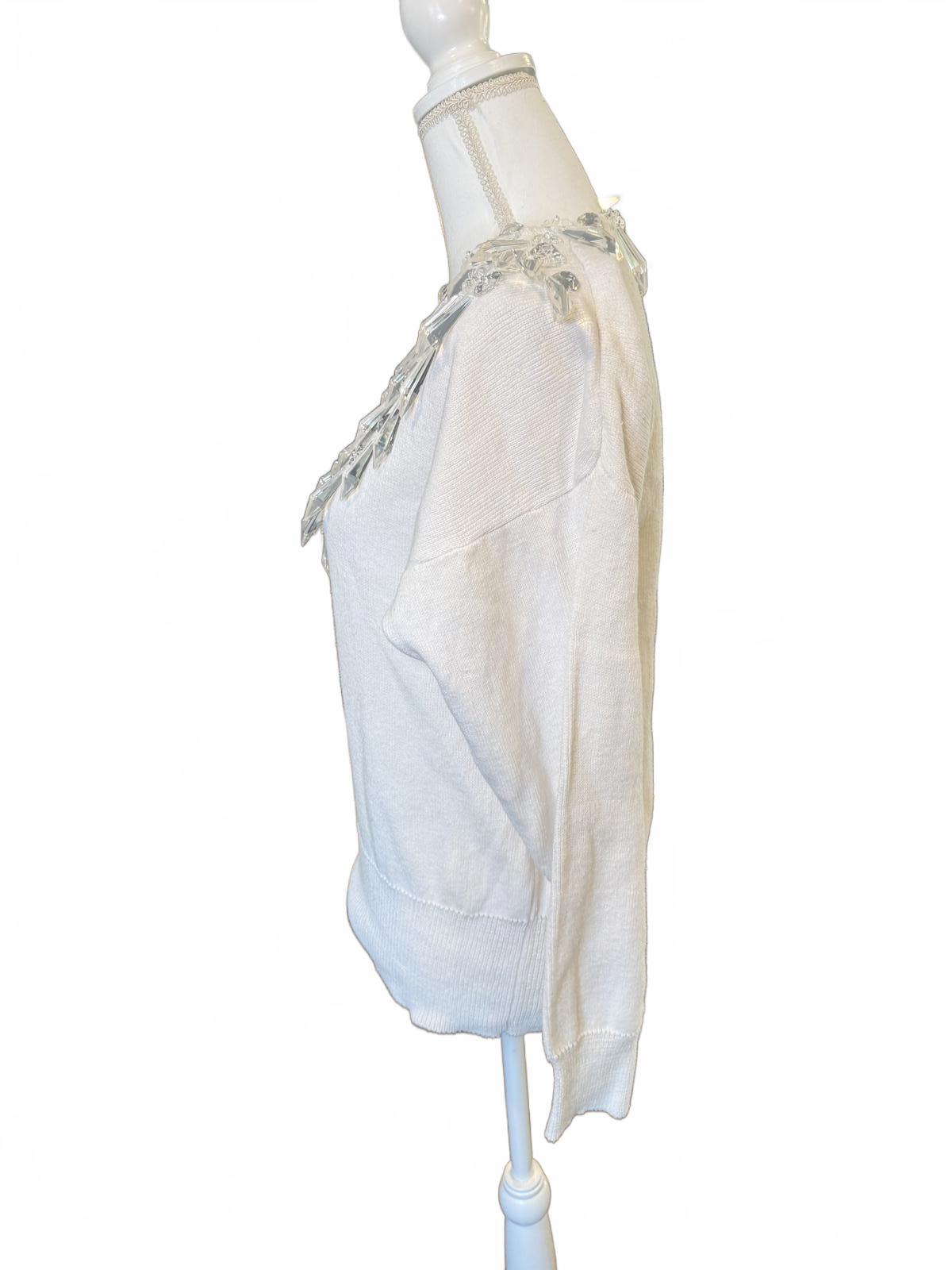 Bonnie Boerer Vintage White Knit V Neck Sweater w/ Crystal Ornaments, Small
