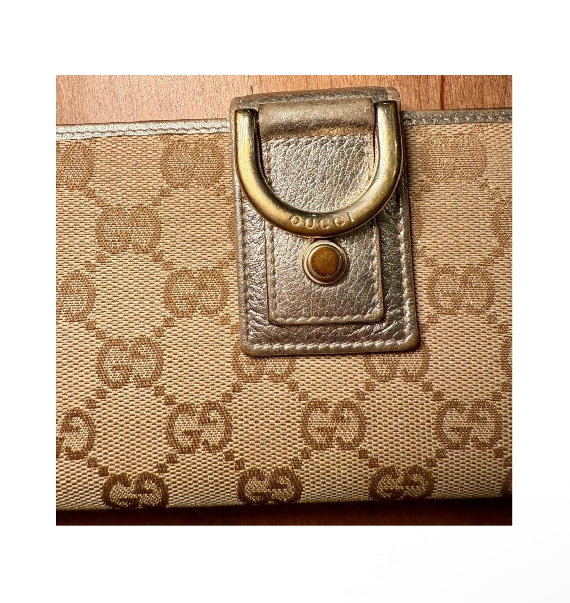 Gucci Wallet Womens Beige Metallic Gold Continental GG Canvas