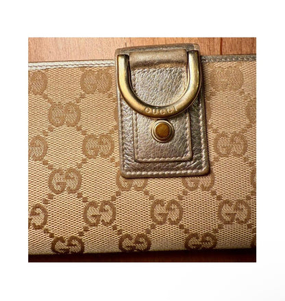 Gucci Wallet Womens Beige Metallic Gold Continental GG Canvas