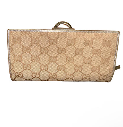 Gucci Wallet Womens Beige Metallic Gold Continental GG Canvas