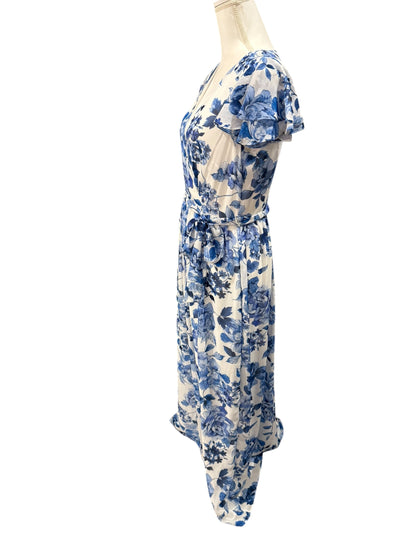 Eliza J Blue Floral Faux Wrap Maxi Dress, Size 8