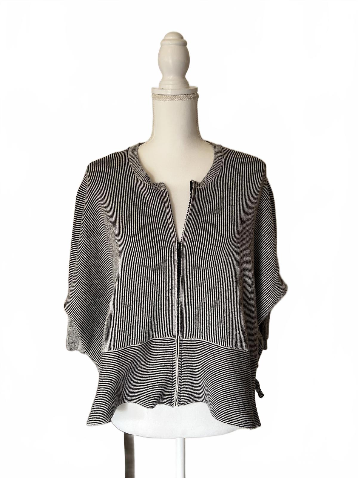 CAbi Women's Black and White Striped Zip-Up Sweater