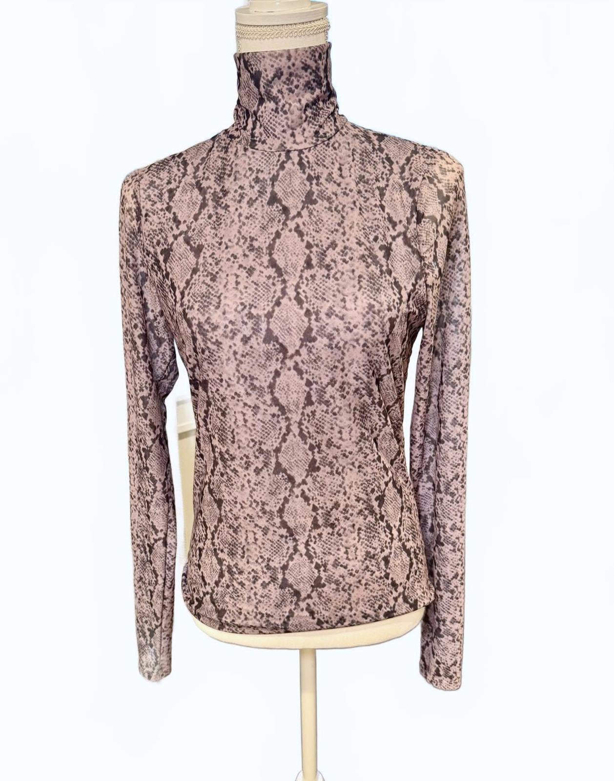 Cinq a Sept Mesh Long Sleeve Turtleneck Top with Snake Print, Large