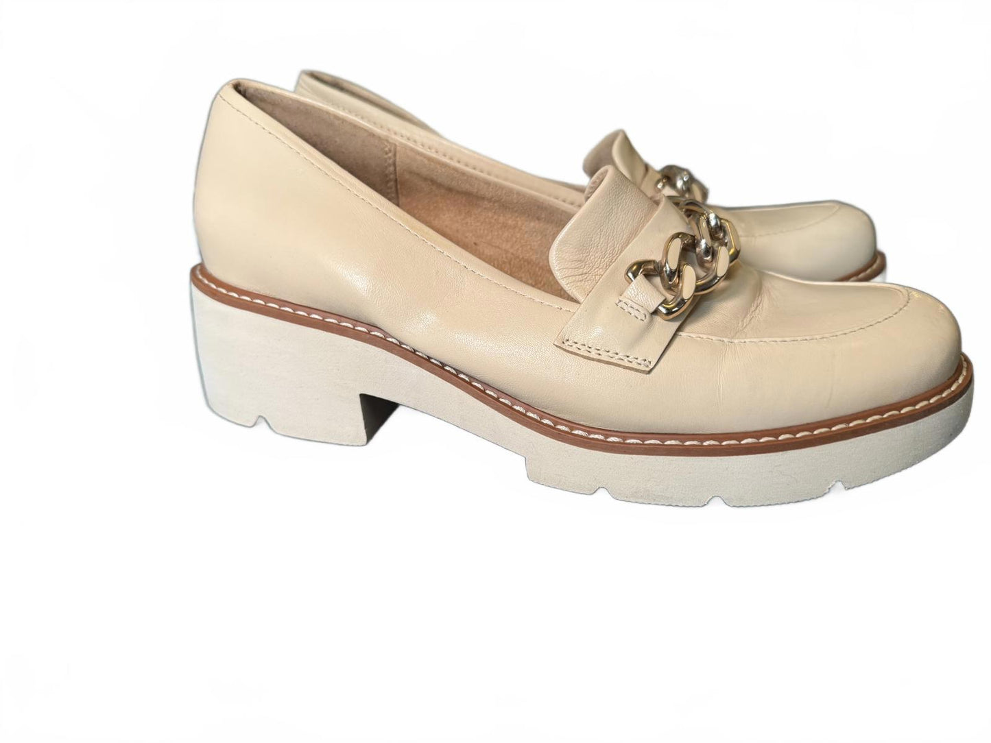 Naturalizer Beige Leather Loafers with Block Heel and Chain Detail, Size 8