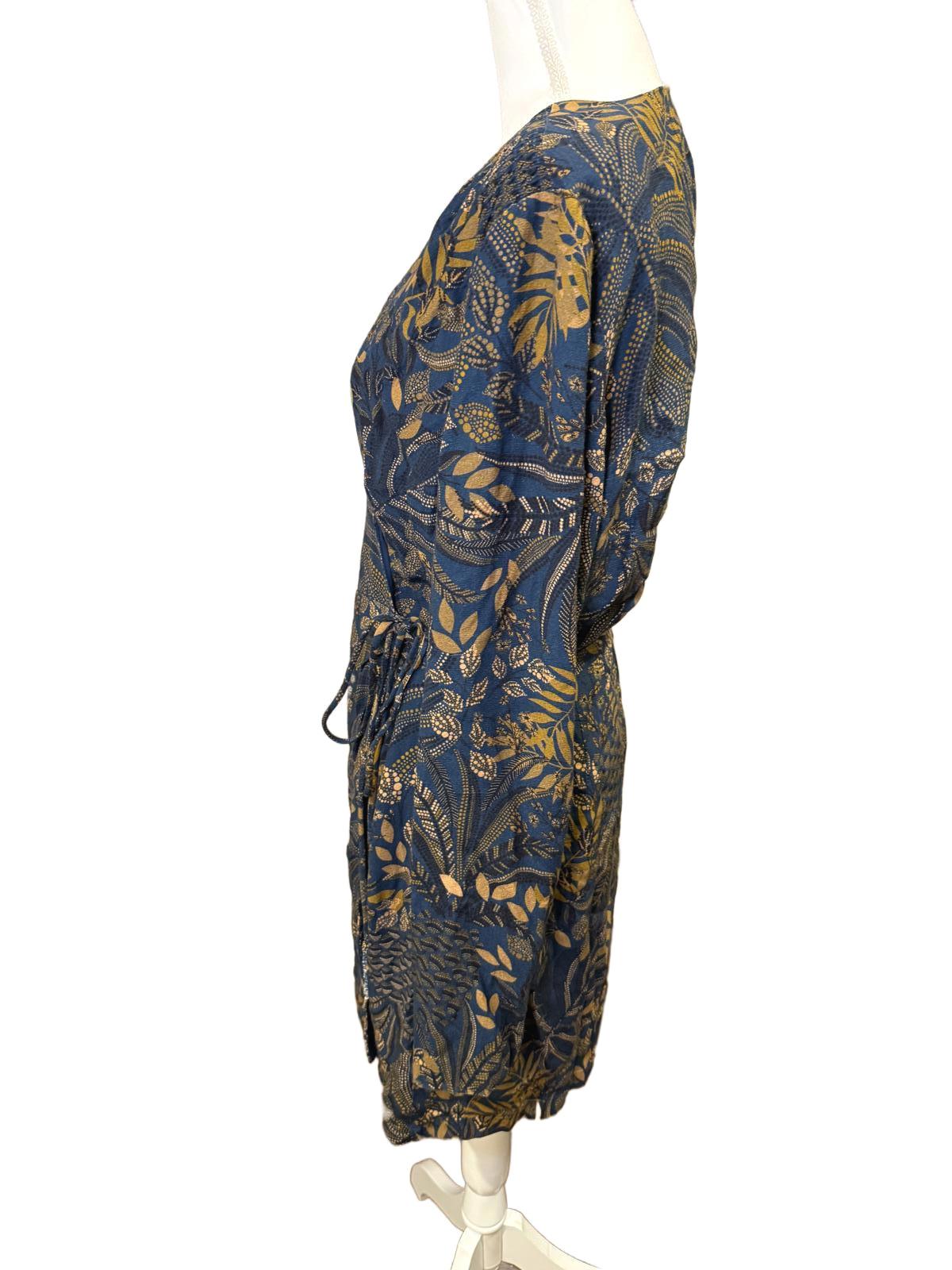 Farm Rio Printed Crepe Mini Wrap Dress, Blue & Gold, Large