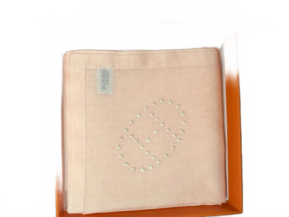 New in box, Hermès Light Pink/Peach Evelyn Embroidered Logo Cotton Handkerchief