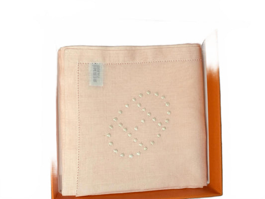 New in box, Hermès Light Pink/Peach Evelyn Embroidered Logo Cotton Handkerchief