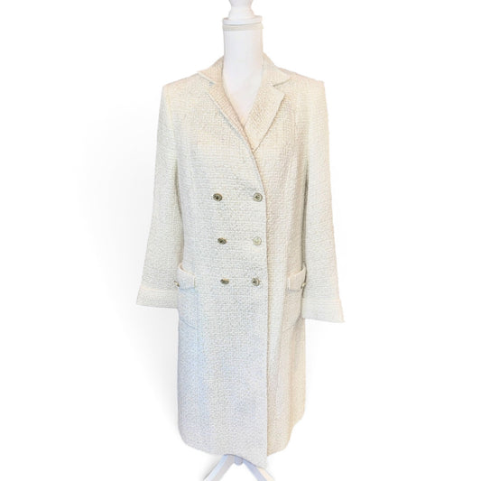 Etro Milano ivory textured long coat with double-breasted buttons, lapels and front pockets