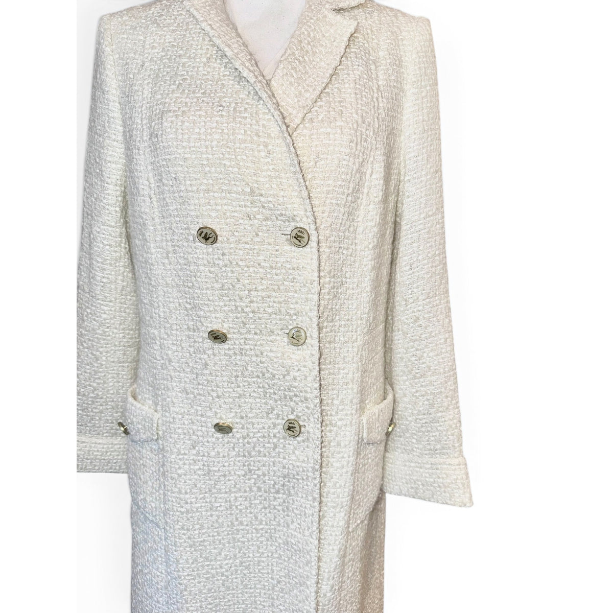 Etro Milano Womens Ivory Bouclé Double-Breasted Long Coat Made In Italy