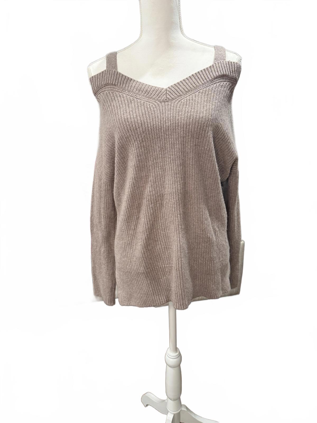 All Saints Dasha Sweater Beige Cold-Shoulder Ribbed Knit Sweater, XS (oversized)