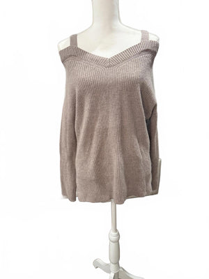 All Saints Dasha Sweater Beige Cold-Shoulder Ribbed Knit Sweater, XS (oversized)
