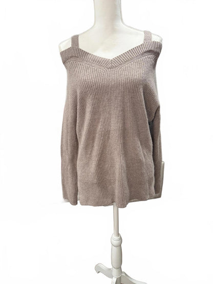 All Saints Dasha Sweater Beige Cold-Shoulder Ribbed Knit Sweater, XS (oversized)