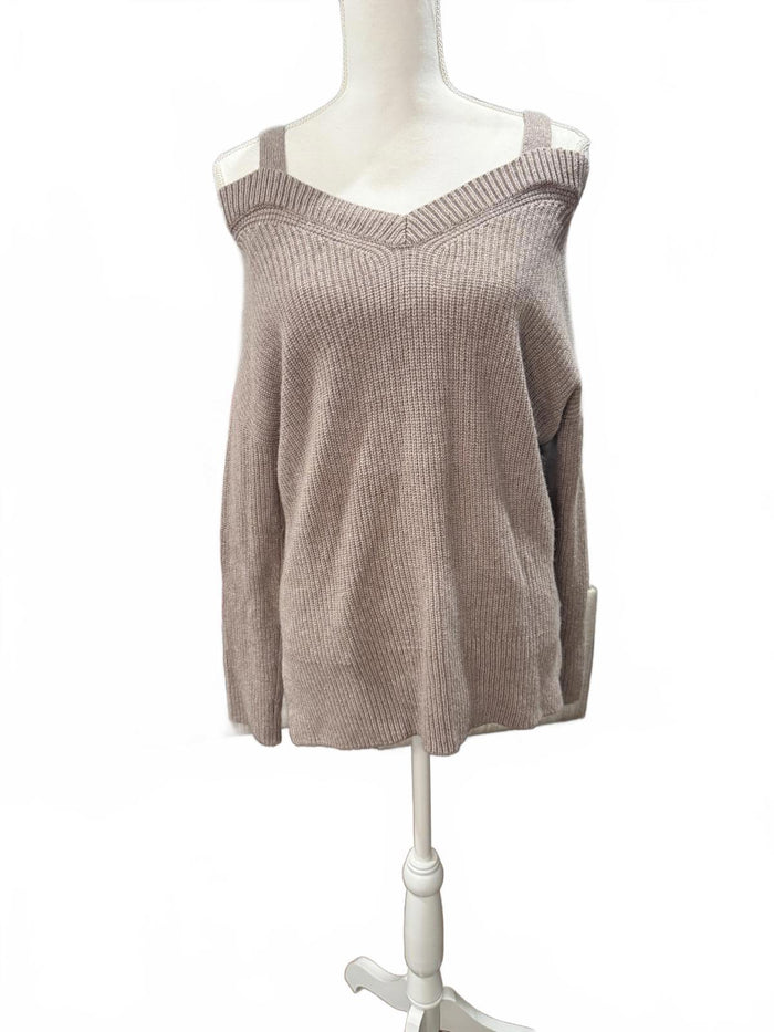 All Saints Dasha Sweater Beige Cold-Shoulder Ribbed Knit Sweater, XS (oversized)