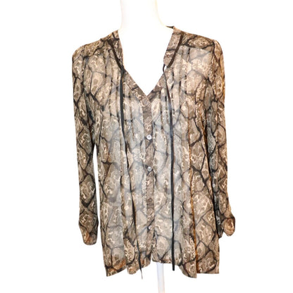Patterson J. Kincaid Snake Print Sheer Button-Down Blouse With Leather Trim, Size M