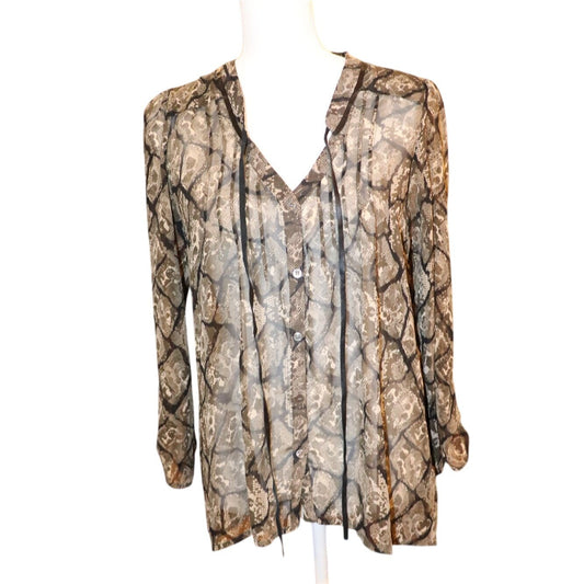 Patterson J. Kincaid Snake Print Sheer Button-Down Blouse With Leather Trim, Size M