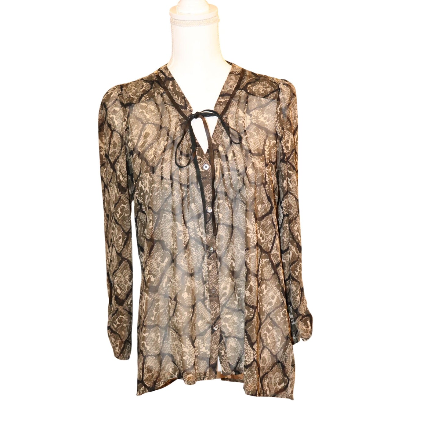Patterson J. Kincaid Snake Print Sheer Button-Down Blouse With Leather Trim, Size M
