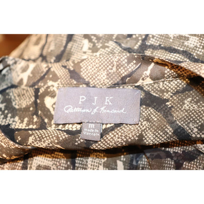 Patterson J. Kincaid Snake Print Sheer Button-Down Blouse With Leather Trim, Size M