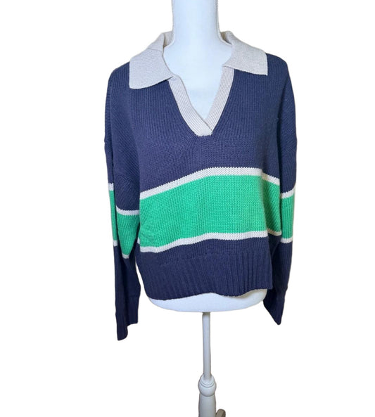 New Spiritual Gangster Navy Green Striped Collared V-Neck Cropped Sweater, Size XL 