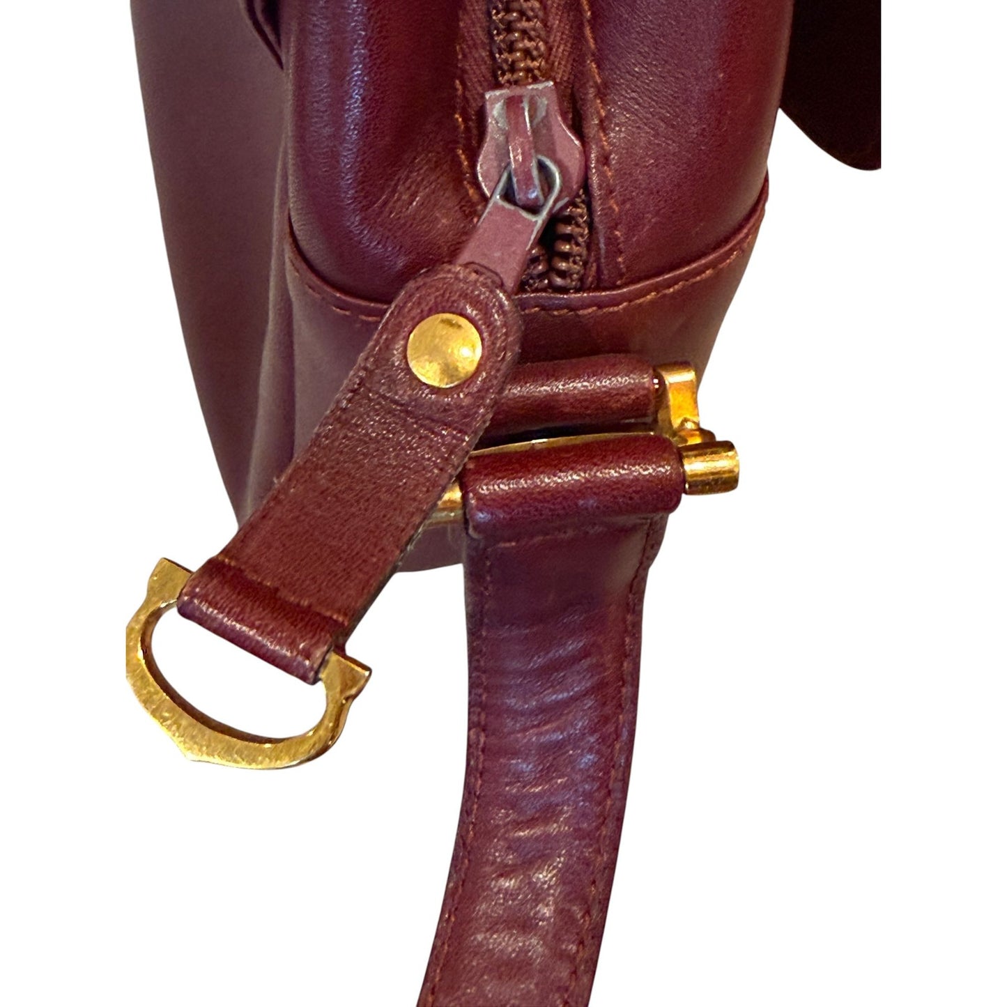 Cartier Must Burgundy Leather Messenger Bag With Adjustable Strap & Brass Hardware